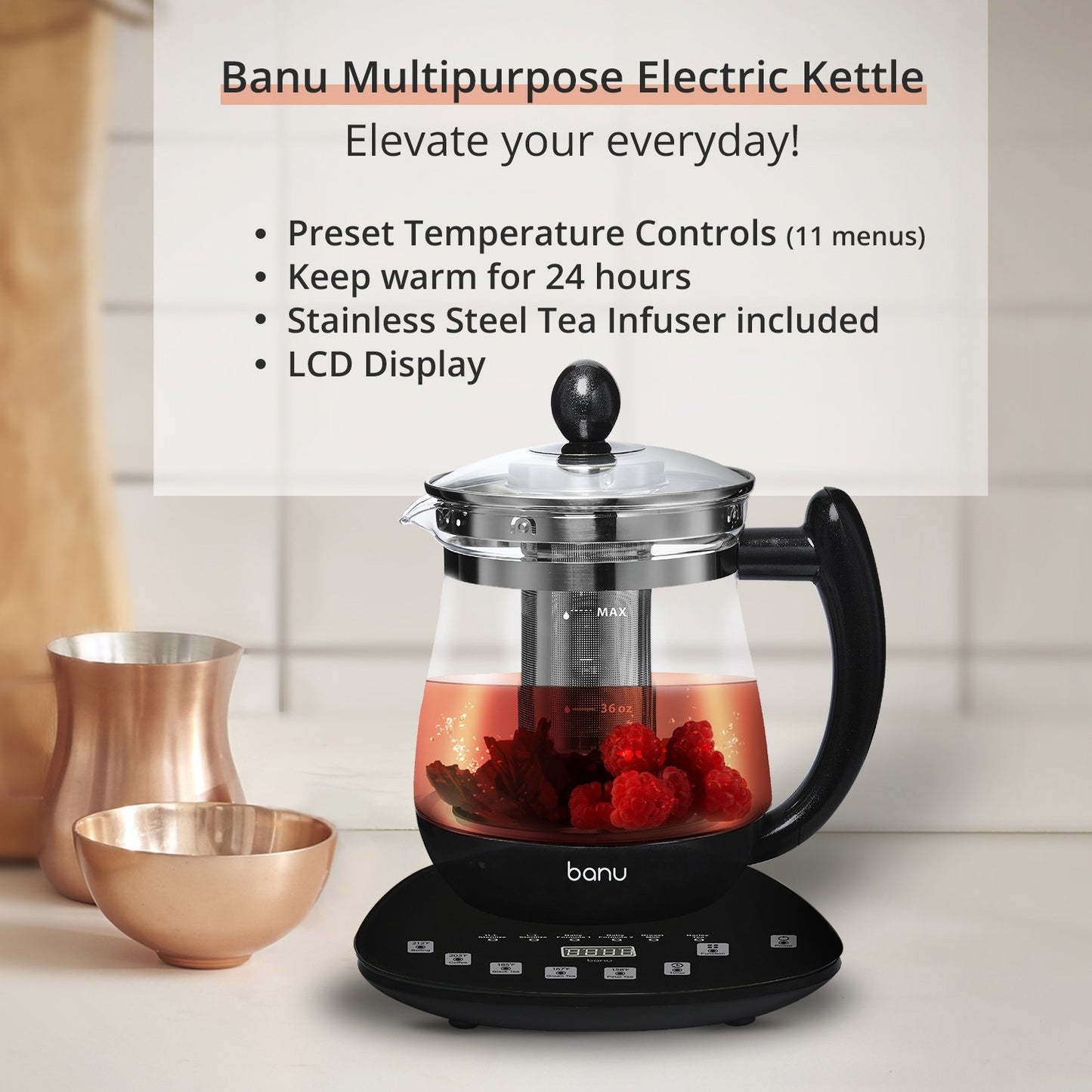 [BANU] Smart Teapot Electric Tea Kettle 1.8L Glass Teapot with One Touch