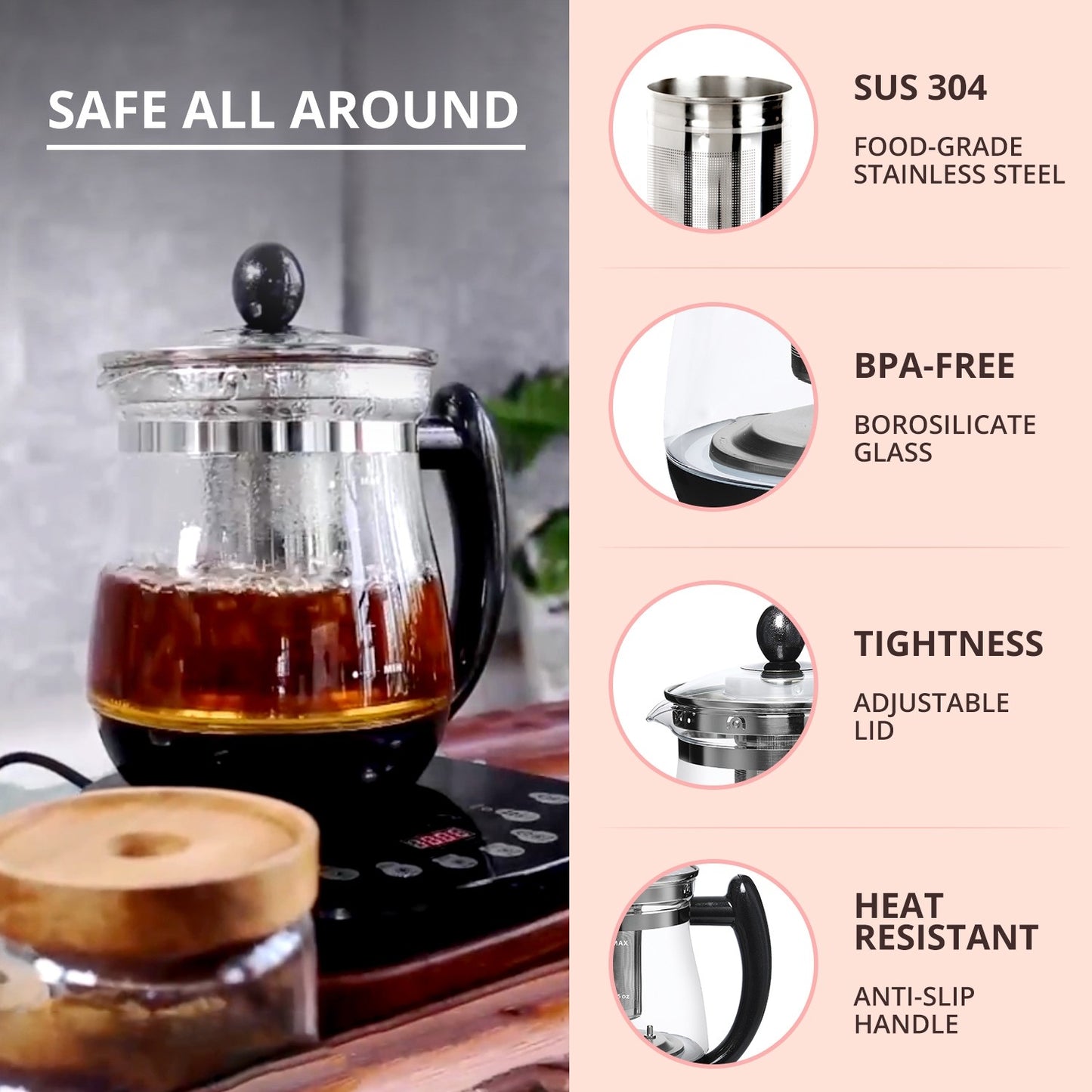 [BANU] Smart Teapot Electric Tea Kettle 1.8L Glass Teapot with One Touch